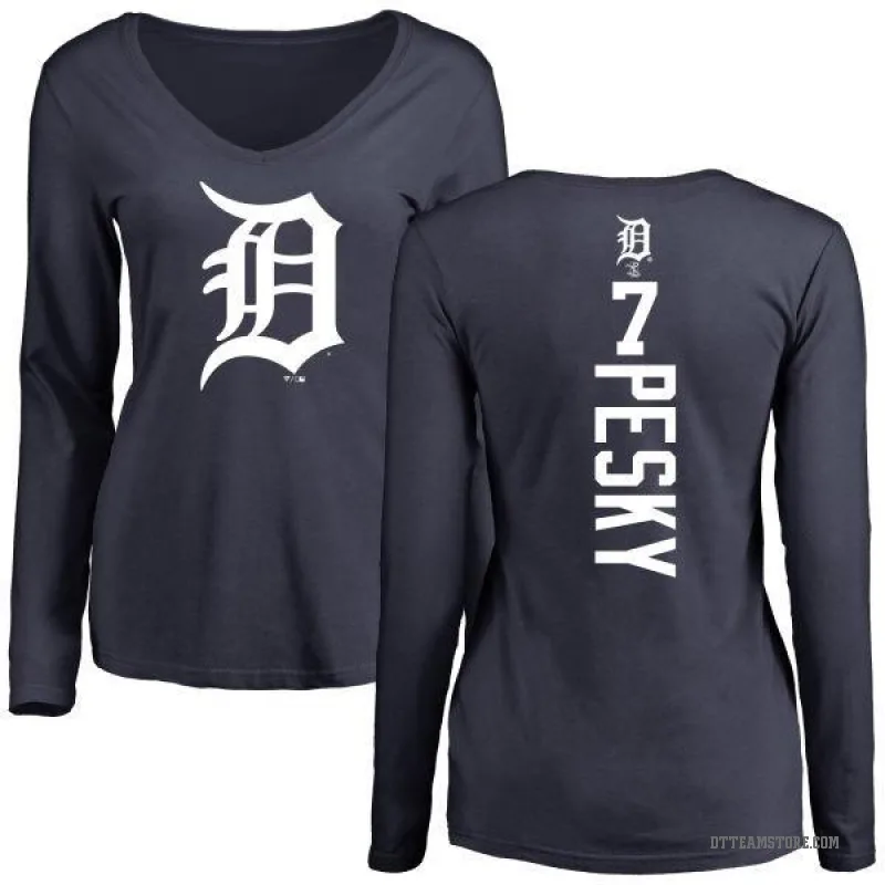 Johnny Pesky Women's Navy Detroit Tigers Backer Slim Fit Long Sleeve T-Shirt -